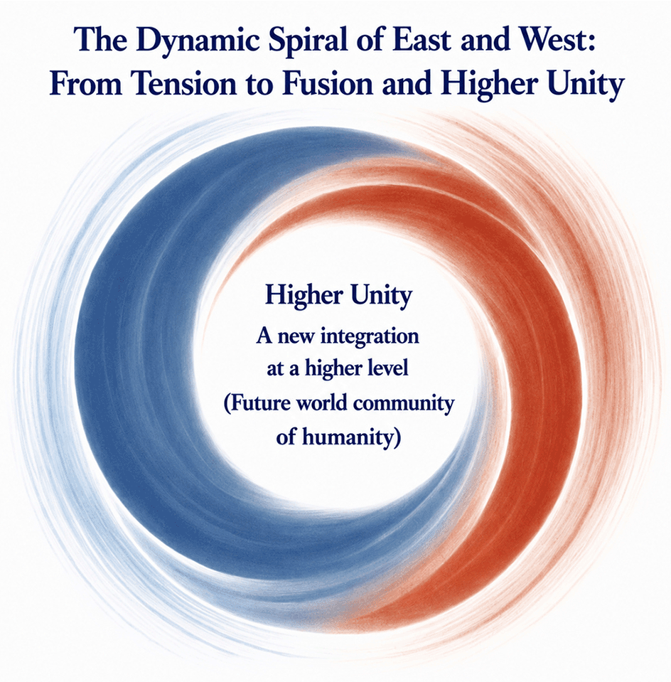 Abbildung 3. Die dynamische Spirale von Ost und West: von der Spannung hin zur Begegnung und zu einer höheren Einheit. Abbildung 3. Die dynamische Spirale von Ost und West: von der Spannung hin zur Begegnung und zu einer höheren Einheit.